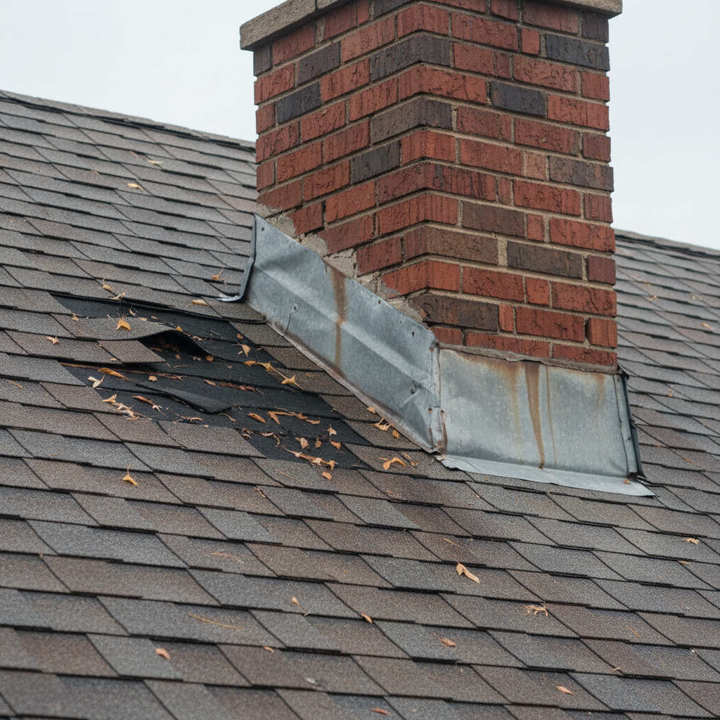Damaged asphalt shingles and chimney flashing on a Billings, MT roof